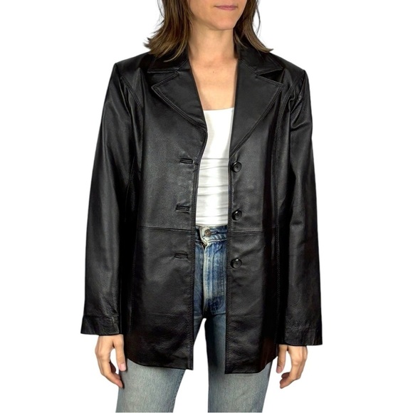 VINTAGE 90S NEW YORK & CO BLACK LEATHER NOTCHED COLLAR BUTTON DOWN BLAZER JACKET - Picture 2 of 13